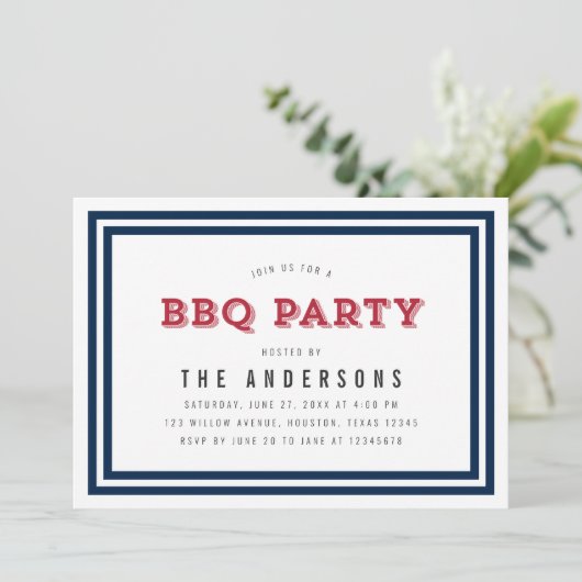 Wit Blauw en Rood Gingham BBQ Party Kaart (Staand voorkant)