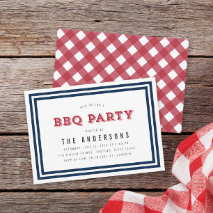 Wit Blauw en Rood Gingham BBQ Party Kaart
