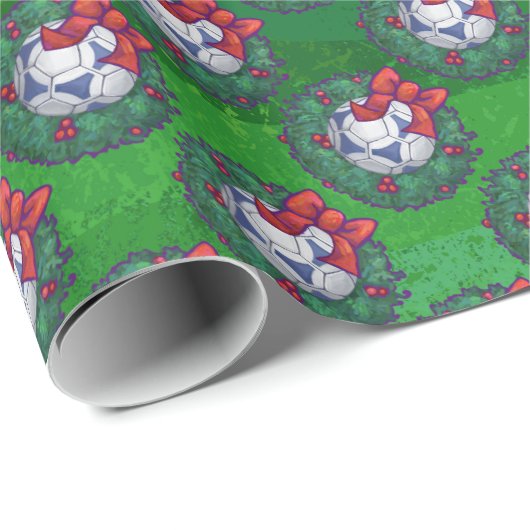 Wit, blauw feestelijk Voetbal op groen Cadeaupapier (Rol Hoek)