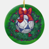 Wit, blauw feestelijk Voetbal op groen Keramisch Ornament (Achterkant)