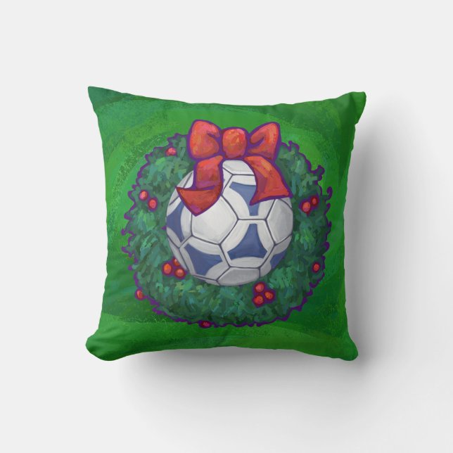 Wit, blauw feestelijk Voetbal op groen Kussen (Voorkant)