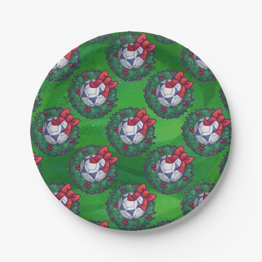 Wit, blauw feestelijk Voetbal op groen Papieren Bordje (Voorkant)