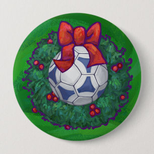 Wit, blauw feestelijk Voetbal op groen Ronde Button 4,0 Cm