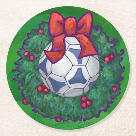 Wit, blauw feestelijk Voetbal op groen Ronde Kartonnen Onderzetter (Voorkant)