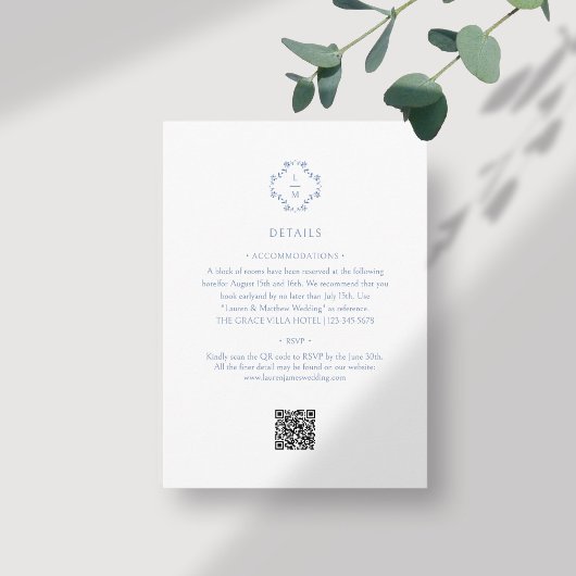 Wit + Blauw | Floral Monogrammed QR Code Wedding Informatiekaartje