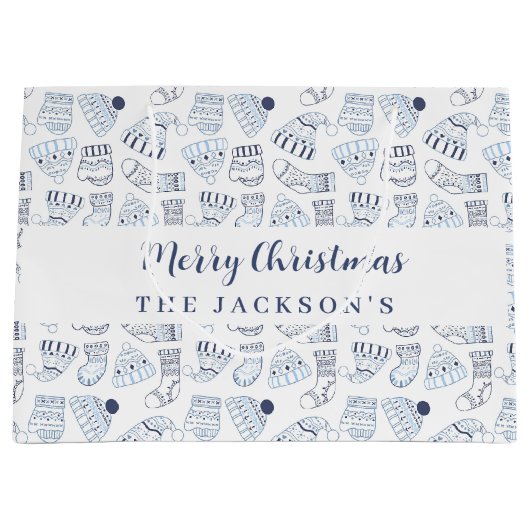 Wit blauw gebreide winter draag kerst groot cadeauzakje (Voorkant)