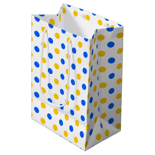 Wit Blauw Geel Stippen Design  Medium Cadeauzakje (Voorkant Gekanteld)
