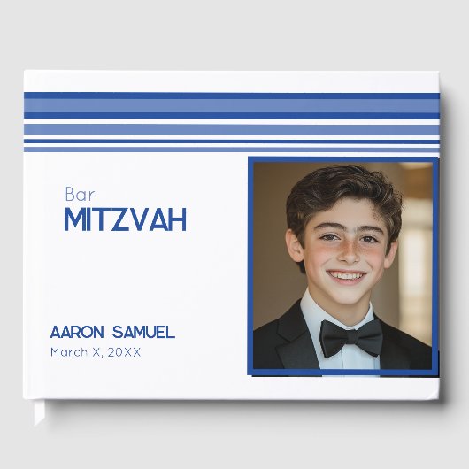 Wit Blauw Gestreepte Foto Bar Mitswa Gastenboek (Voorkant)
