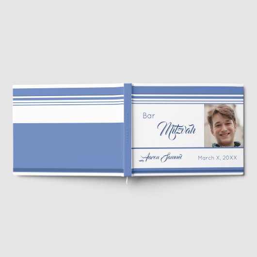 Wit Blauw Gestreepte Foto Bar Mitswa Gastenboek (Volledig)