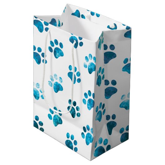 Wit Blauw Gestructureerd Paw Print Patroon Medium Cadeauzakje (Voorkant Gekanteld)