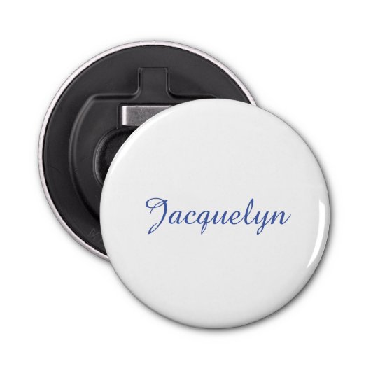 Wit Blauw Gewoon Elegante Moderne Kalligrafie Naam Button Flesopener (Voorkant)