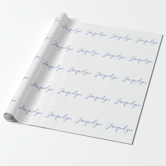 Wit Blauw Gewoon Elegante Moderne Kalligrafie Naam Cadeaupapier (Uitgerold)