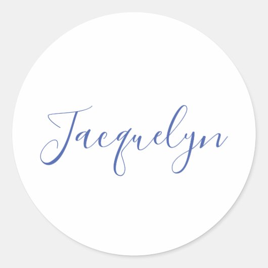 Wit Blauw Gewoon Elegante Moderne Kalligrafie Naam Ronde Sticker (Voorkant)