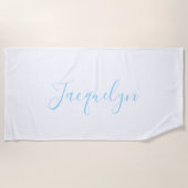 Wit Blauw Gewoon Elegante Moderne Kalligrafie Naam Strandlaken (Voorkant)