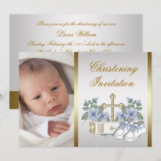 Wit Blauw Goud Baby Boy Foto Doop Kaart (Voorkant / Achterkant)