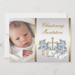 Wit Blauw Goud Baby Boy Foto Doop Kaart
