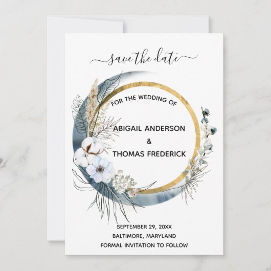 Wit Blauw Goud Bloemschildering Waterverf Boho Bru Save The Date (Voorkant)