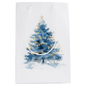 Wit Blauw Goud Kerstbomen Medium Cadeauzakje (Voorkant)