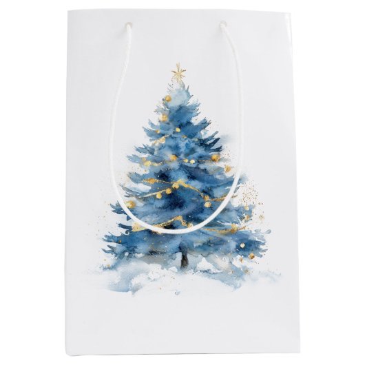 Wit Blauw Goud Kerstbomen Medium Cadeauzakje (Voorkant)