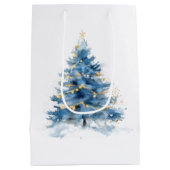 Wit Blauw Goud Kerstbomen Medium Cadeauzakje (Achterkant)