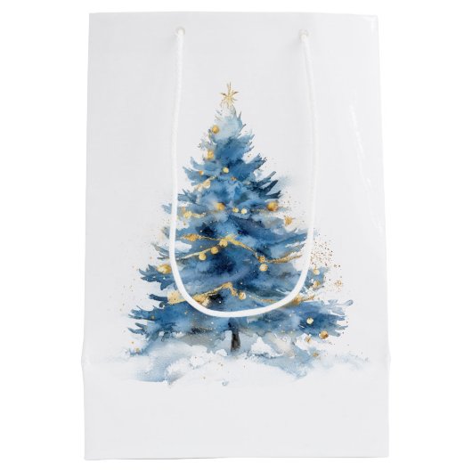 Wit Blauw Goud Kerstbomen Medium Cadeauzakje (Achterkant)