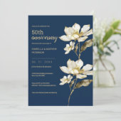 Wit blauw gouden bloemen 50ste bruiloft Jubileum Kaart (Staand voorkant)
