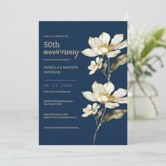 Wit blauw gouden bloemen 50ste bruiloft Jubileum Kaart (Staand voorkant)
