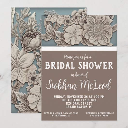 Wit, Blauw, Grijs 3D Bloemen Vrijgezellenfeest Kaart (Voorkant / Achterkant)