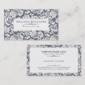 Wit & Blauw-Grijs  Bloemen Damasks Visitekaartje (Voorkant / Achterkant)