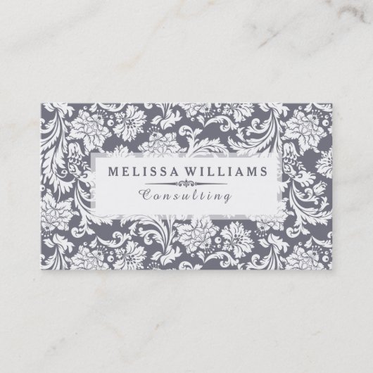 Wit & Blauw-Grijs  Bloemen Damasks Visitekaartje (Voorkant)