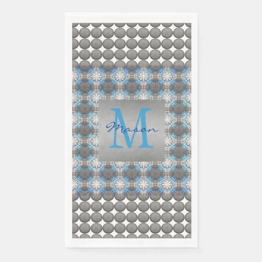 Wit, Blauw & Grijs Polka Dot Patroon Monogram Servet (Voorkant)