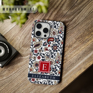 Wit Blauw Grijs Rood Paisley Patroon iPhone 15 Pro Max Case