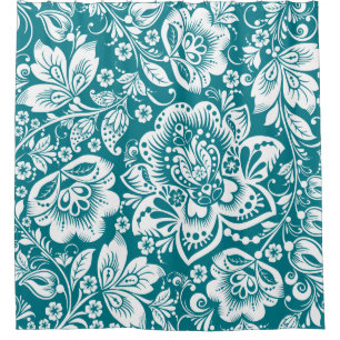 Wit & Blauw-Groen Barok Bloemen Patroon Douchegordijn
