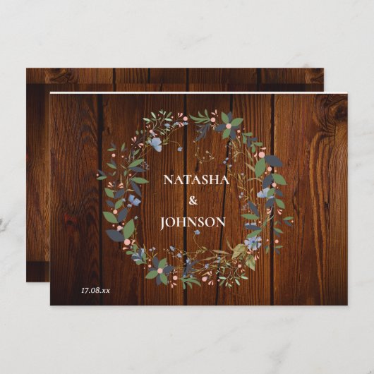 Wit Blauw Groen Blad Bloemen Wedding Design Notitiekaartje (Voorkant / Achterkant)