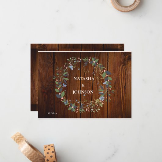 Wit Blauw Groen Blad Bloemen Wedding Design Notitiekaartje (Voorkant / Achterkant in situ)