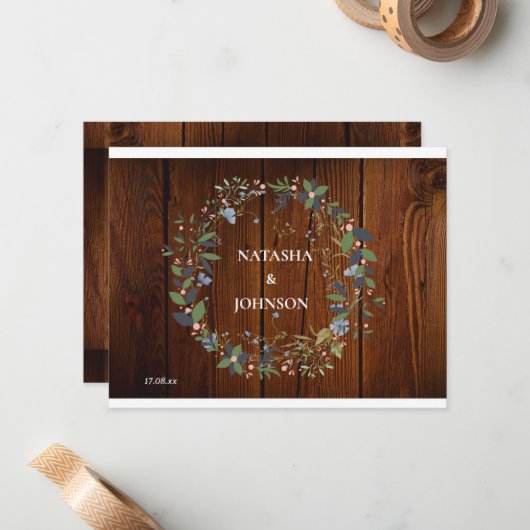 Wit Blauw Groen Blad Bloemen Wedding Design Notitiekaartje (Voorkant / Achterkant in situ)