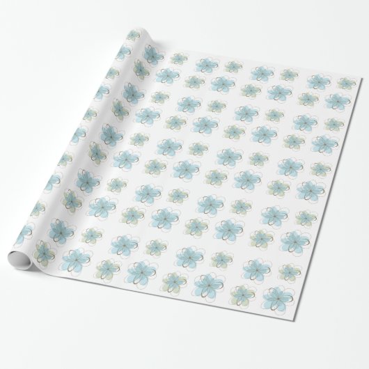 Wit Blauw Groen Bloemen Baby shower Cadeaupapier (Uitgerold)