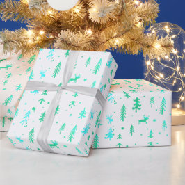 Wit Blauw Groen Illustratie Kerstmispatroon Cadeaupapier