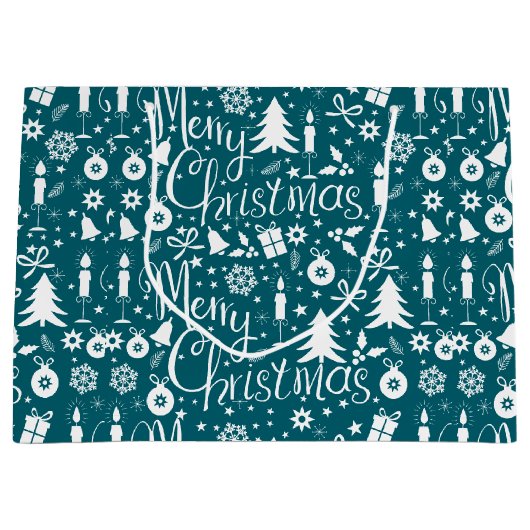 Wit blauw-groen kerstthema patroon groot cadeauzakje (Voorkant)