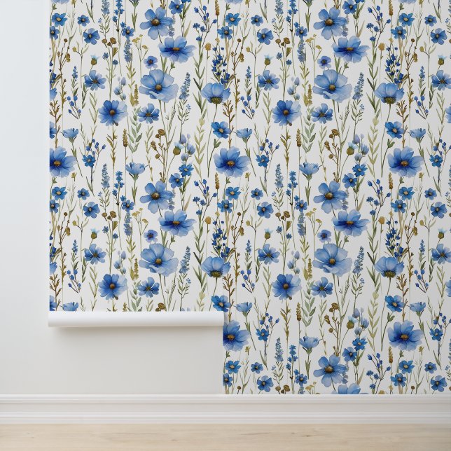 Wit Blauw Helder Waterverf Wildbloemen #2 Behang (Applicatie)