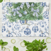 Wit Blauw Kerst Ornamenten Boom met Bogen Theedoek (Gevouwen)