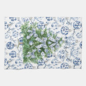 Wit Blauw Kerst Ornamenten Boom met Bogen Theedoek (Horizontaal)