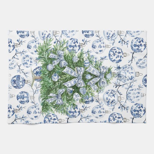 Wit Blauw Kerst Ornamenten Boom met Bogen Theedoek (Horizontaal)