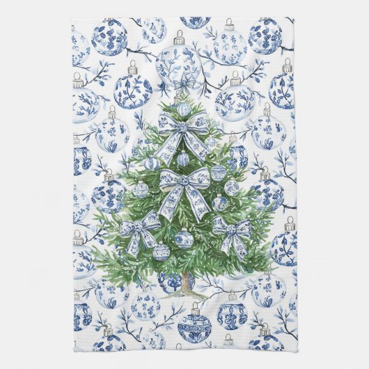 Wit Blauw Kerst Ornamenten Boom met Bogen Theedoek (Verticaal)