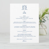 Wit blauw kroon crest monogram bruiloft bar menu (Staand voorkant)