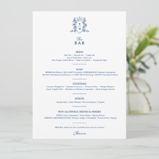 Wit blauw kroon crest monogram bruiloft bar menu (Staand voorkant)