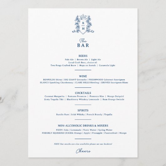 Wit blauw kroon crest monogram bruiloft bar menu (Voorkant)