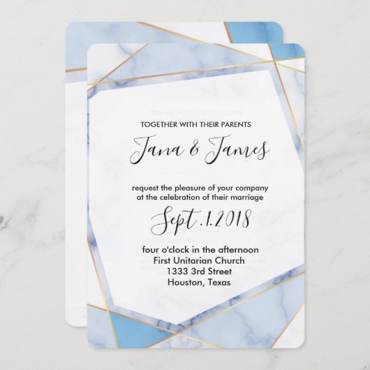 Wit & blauw Marmer Goud lijst Moderne bruiloft Kaart (Voorkant / Achterkant)