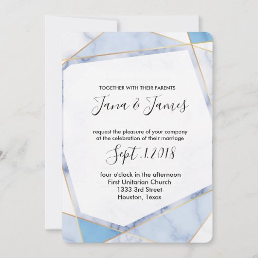 Wit & blauw Marmer Goud lijst Moderne bruiloft Kaart (Voorkant)