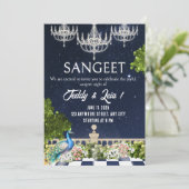 Wit & Blauw Minimal Sangeet huwelijksuitnodiging Kaart (Staand voorkant)